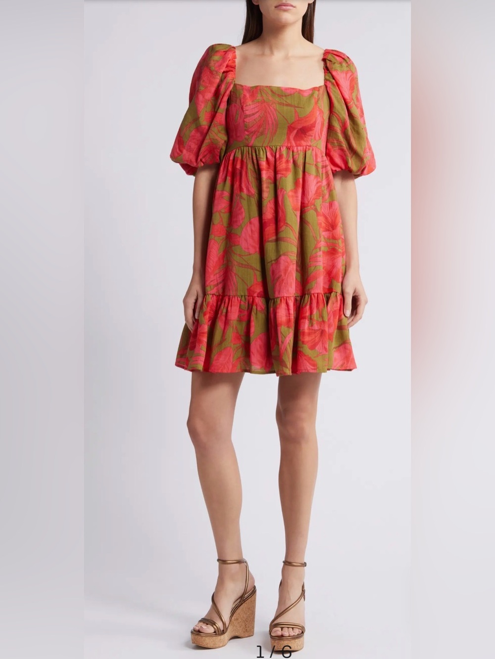 Chelsea28 Puff Sleeve Babydoll Coral Floral Print Mini Dress size XXS